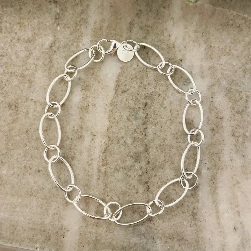925 Sterling Silver Oval Link Bracelet Dainty Bracelet Round Circle Link Chain - Picture 2 of 5